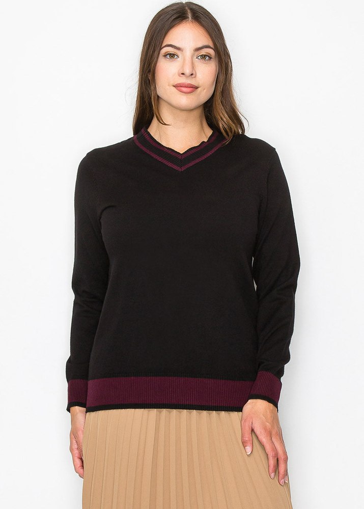 Black Knit Sweater with Burgundy Trim 7833684639804