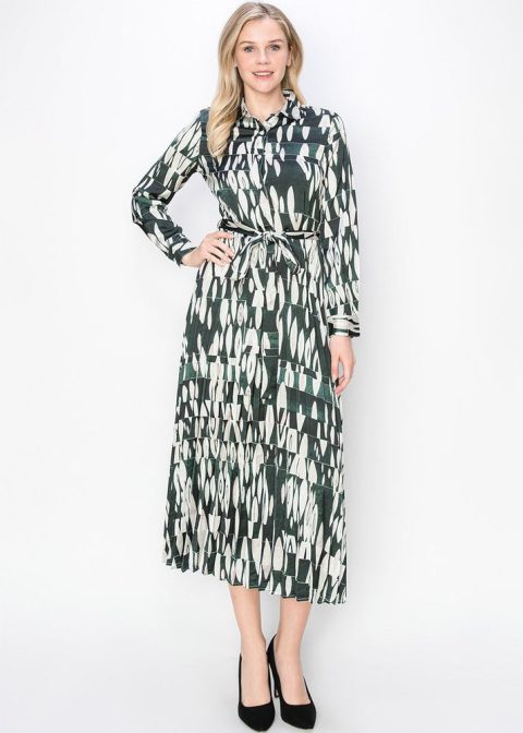 Green Abstract Print Pleated Dress 7833673957436
