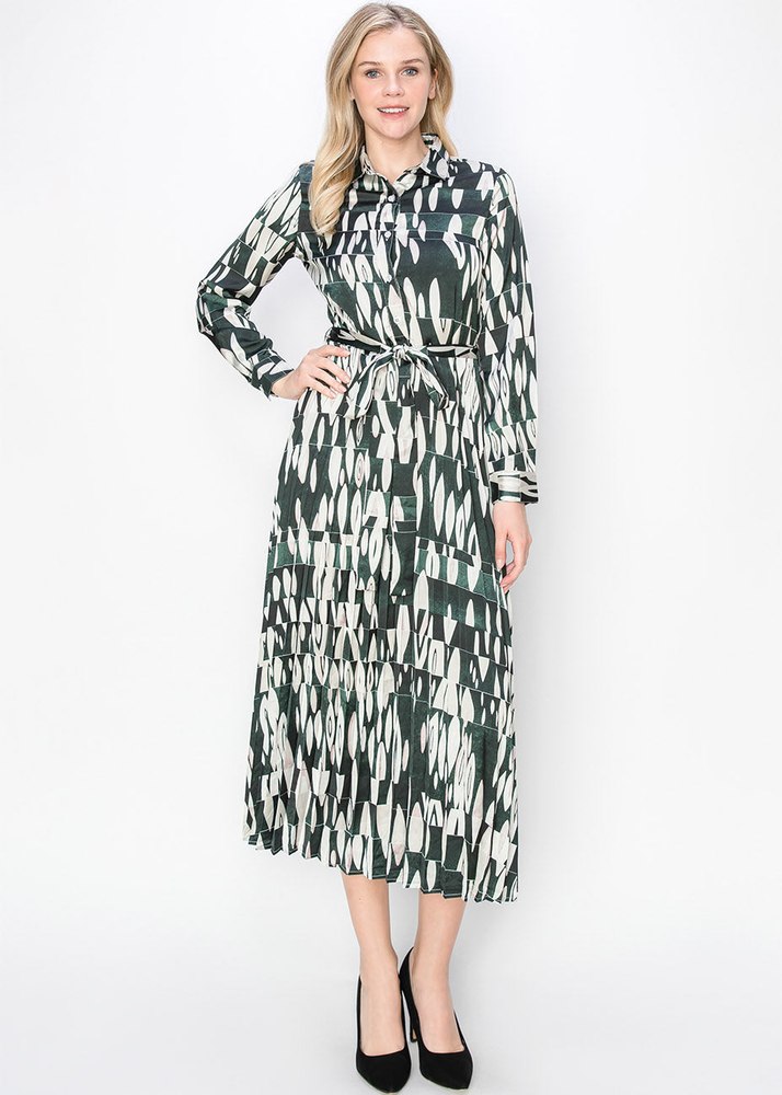 Green Abstract Print Pleated Dress 7833673957436
