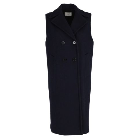Sandro Paris Double-Breasted Sleeveless Coat in Navy Blue Wool 7833672417340
