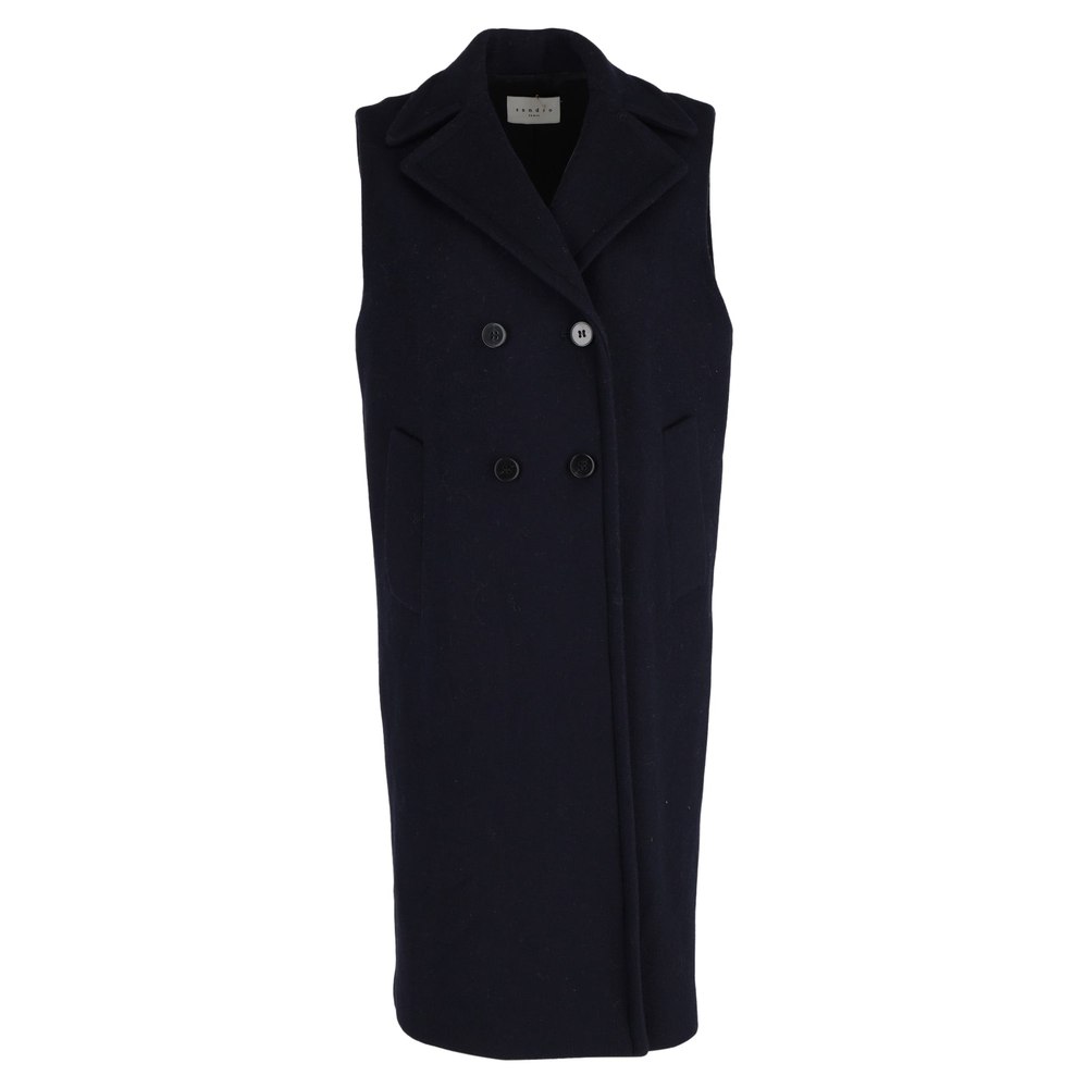 Sandro Paris Double-Breasted Sleeveless Coat in Navy Blue Wool 7833672417340