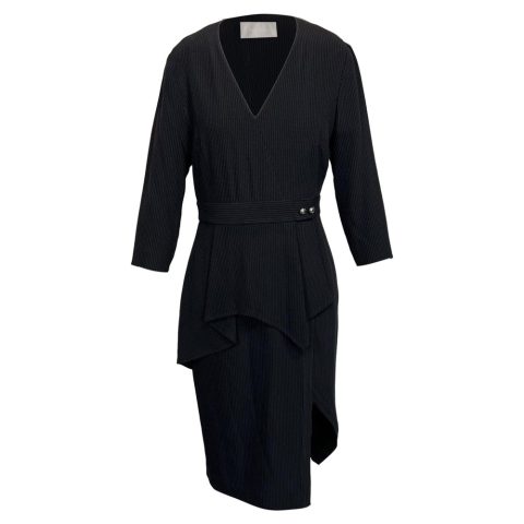 Jason Wu Dashed Pinstripe Midi Peplum Dress in Black Viscose 7833688571964