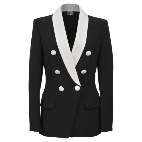 Balmain Double-Breasted Shawl Collar Blazer in Black and White Wool Viscose 7833699811388