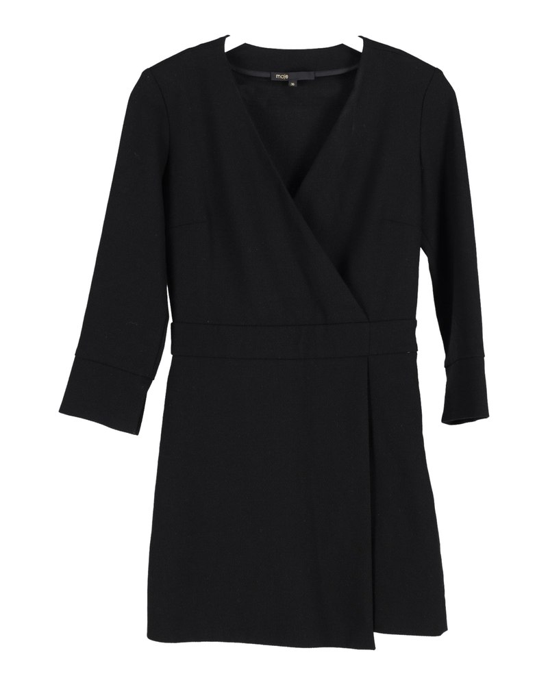 Maje V-Neck Mini Dress in Black Wool