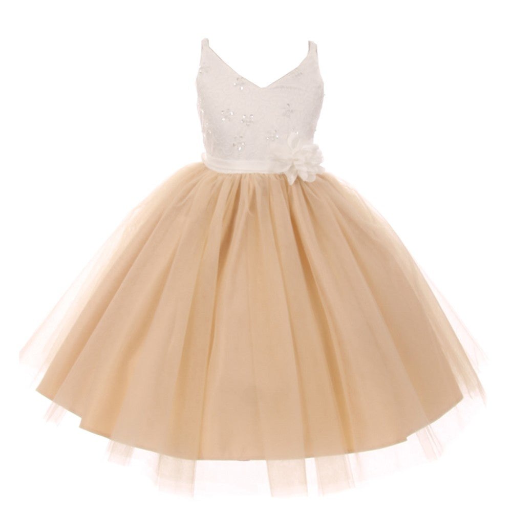 Little Girls Champagne Beaded Lace V-neck Special Occasion Dress 2-6