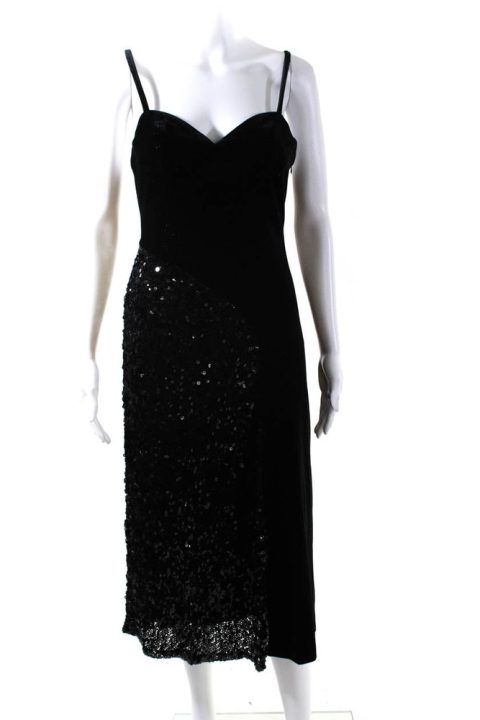 Quetsche Womens Sequin Velvet Spaghetti Strap Midi Sheath Dress Black 7833703481404
