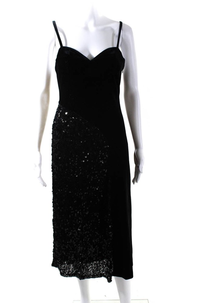 Quetsche Womens Sequin Velvet Spaghetti Strap Midi Sheath Dress Black 7833703481404