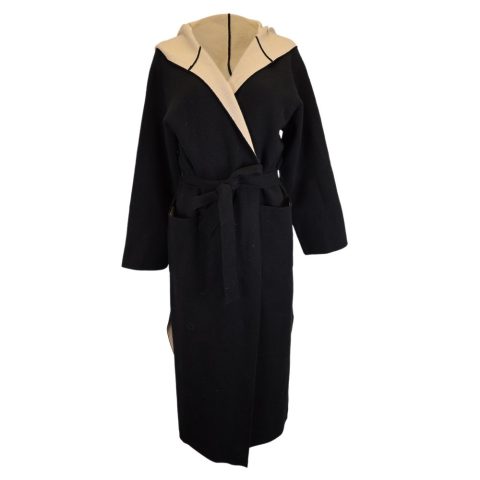 Max Mara Pavidi Long Hooded Wrap Coat in Black and Nude Wool 7833691684924
