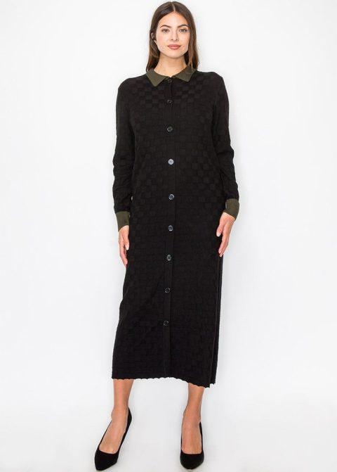Black Knit Midi Dress with Olive Trim 7833692176444