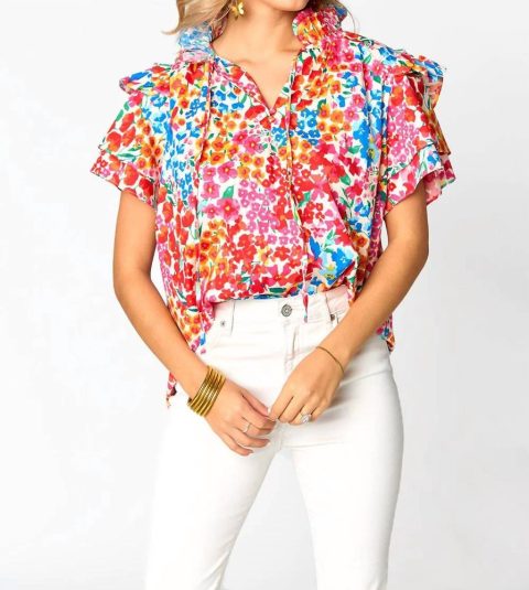 Shauna Ruffle Shoulder Top In Berry Blue 7833705054268