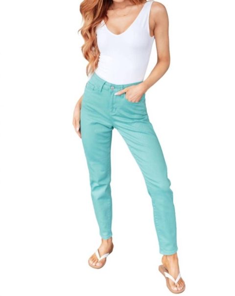 High Rise Garment Dyed Slim Jeans In Aquamarine 7707832090684