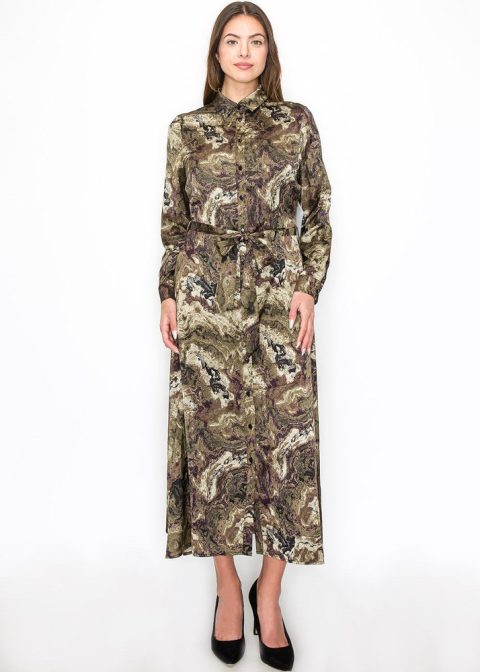 Abstract Olive Swirl Belted Dress 7833708527676