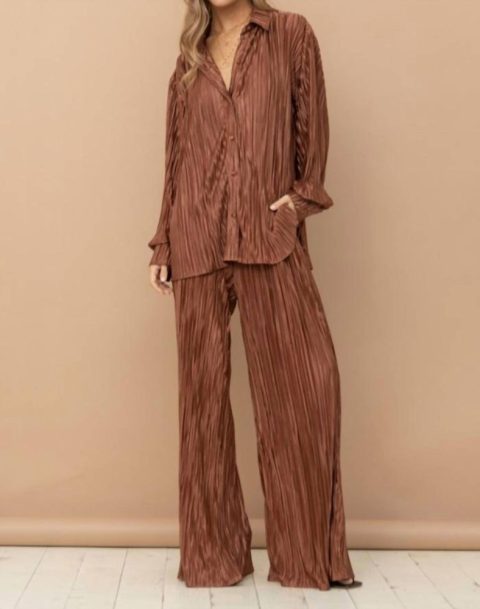 Accordion Pleated Pant Set In Brown 7707831533628
