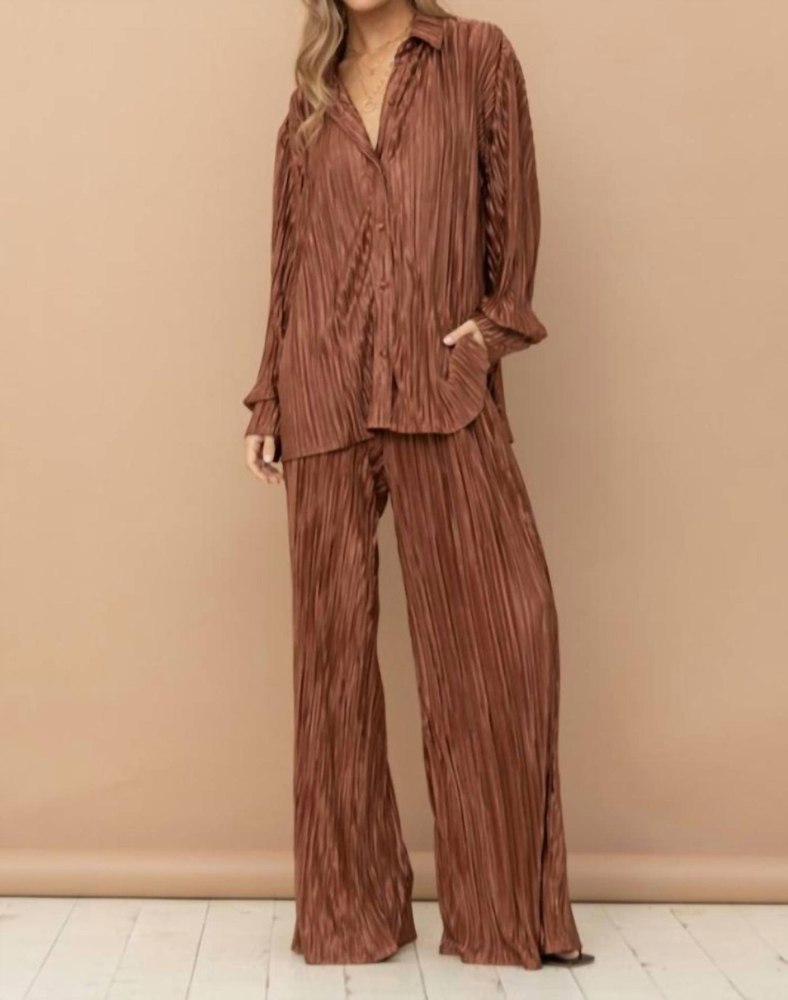 Accordion Pleated Pant Set In Brown 7707831533628