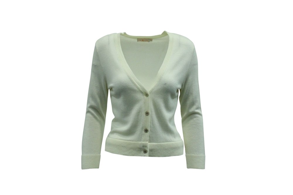 Tory Burch Cardigan with Logo Buttons in Cream Wool 7833712197692