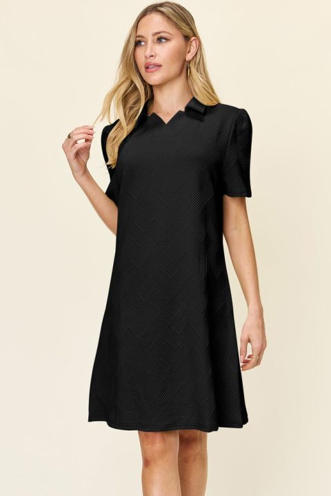 Full Size Texture Collared Neck Short Sleeve Dress 7806021599292