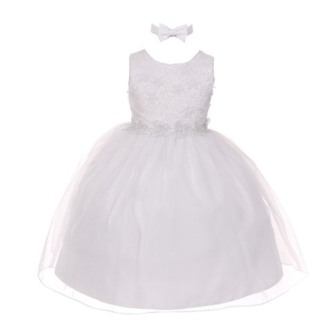 Little Girls White Floral Trim Organza Overlay Flower Girl Dress 2-4T