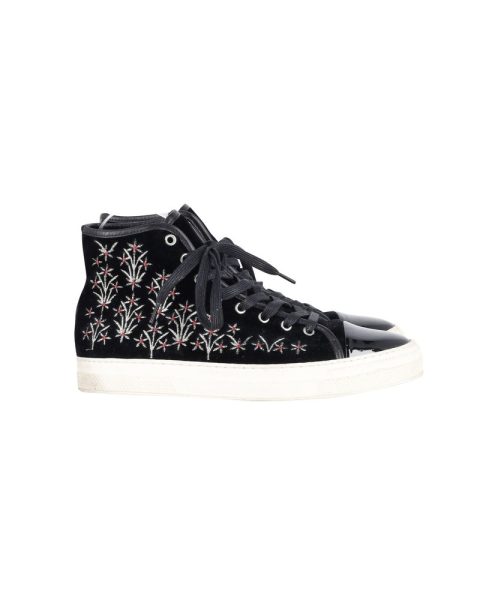 Mother Of Pearl Embroidered High Top Sneakers in Black Patent Leather and Suede