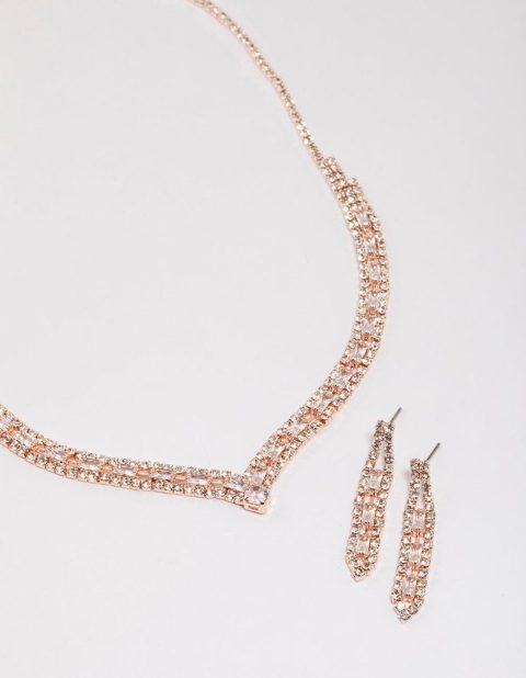 Rose Gold Rectangle Graduating Pendant Necklace & Earrings Set
