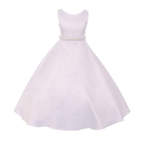 Big Girls White A-Line Satin Pearl Trim Communion Dress 8-16