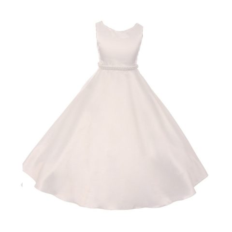 Big Girls Ivory A-Line Satin Pearl Trim Communion Dress 8-16