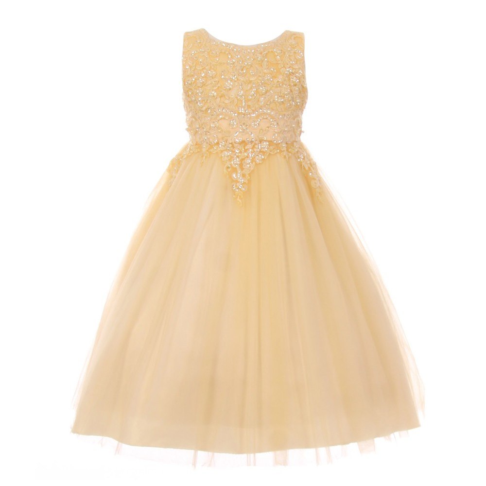 Big Girls Champagne Pearl Sequin Satin Tulle Junior Bridesmaid Dress 8-16