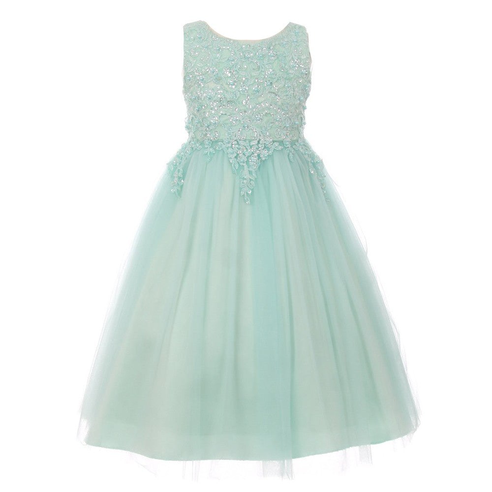 Big Girls Mint Sparkle Pearl Sequin Satin Tulle Junior Bridesmaid Dress 8-12