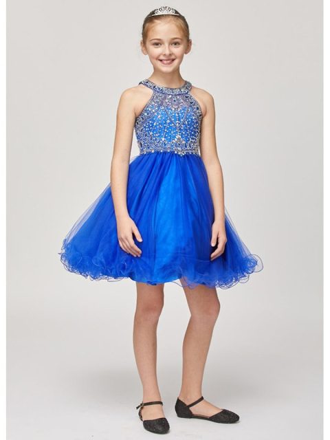 Girls Multi Color Rhinestone Halter Neck Tulle Flower Girl Junior Bridesmaid Dress 4-20