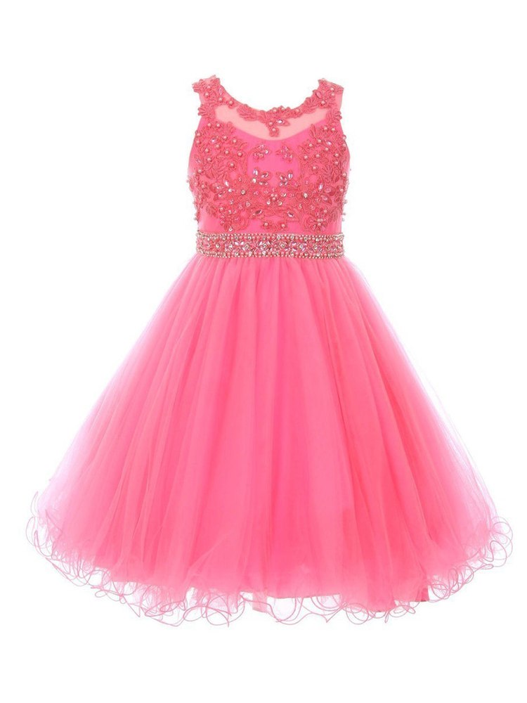 Girls Multi Color Rhinestone Pearl Beaded Mesh Flower Girl Junior Bridesmaid Dress 4-16