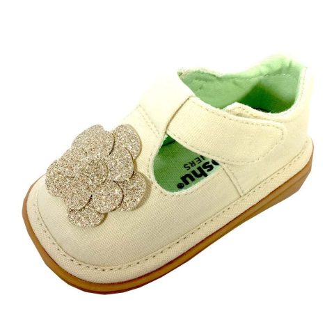Mooshu Trainers Girls Ivory Glitter Flower T-Strap Shoes 3 Baby-9 Toddler
