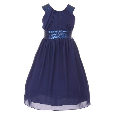 Little Girls Navy Dazzling Sequin Pleated Dress 4-6