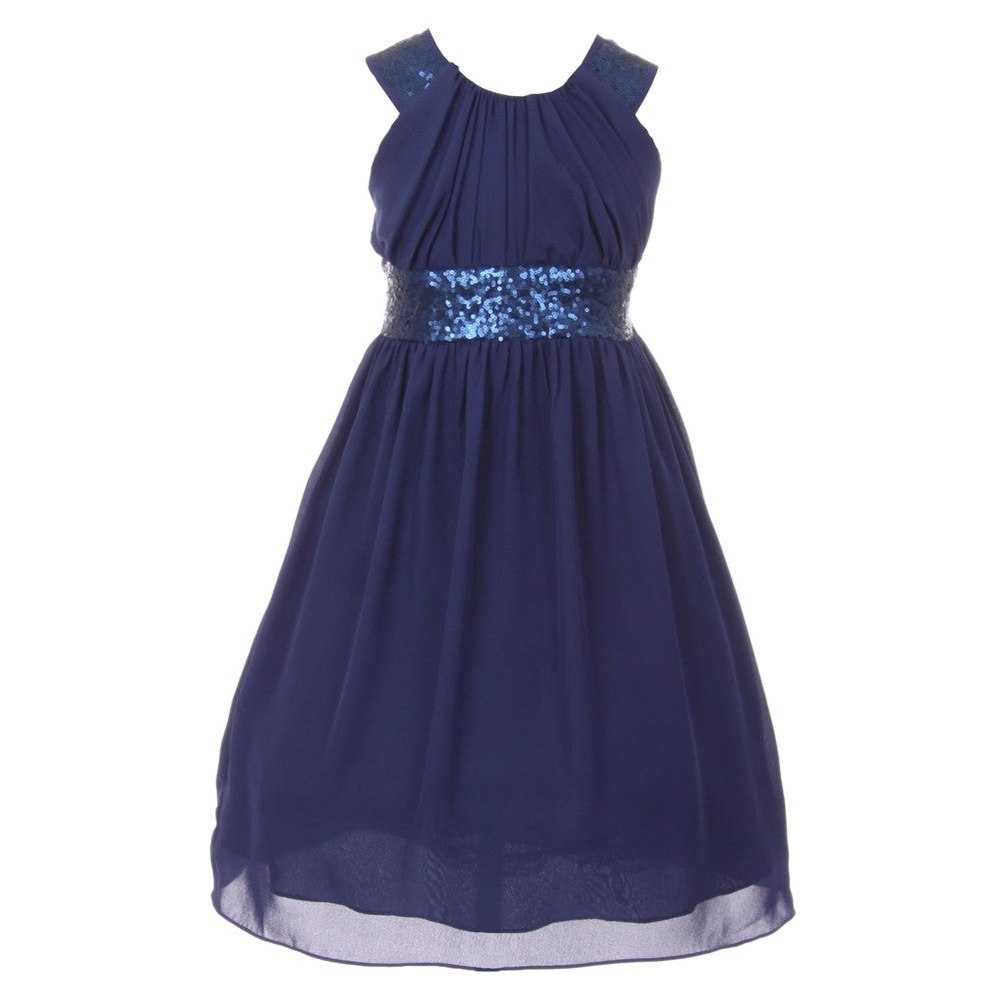 Little Girls Navy Dazzling Sequin Pleated Dress 4-6