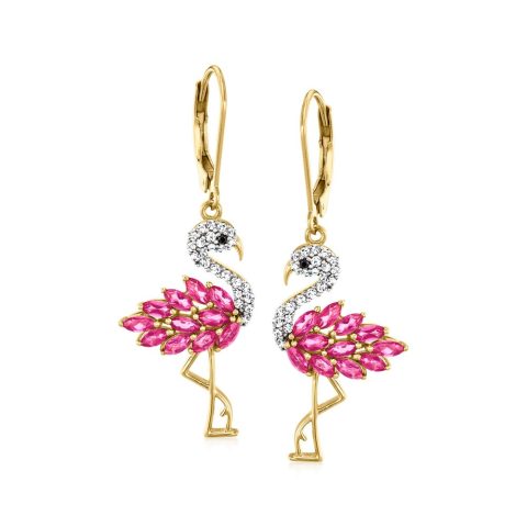Ross-Simons Pink Topaz and . White Zircon Flamingo Drop Earrings With Black Spinel Accents in 18kt Gold Over Sterling